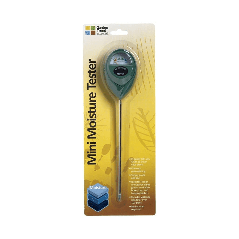 A metal probe with a green meter on top to test moisture levels in your soil