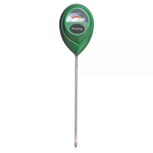 A metal probe tester with a green meter on top