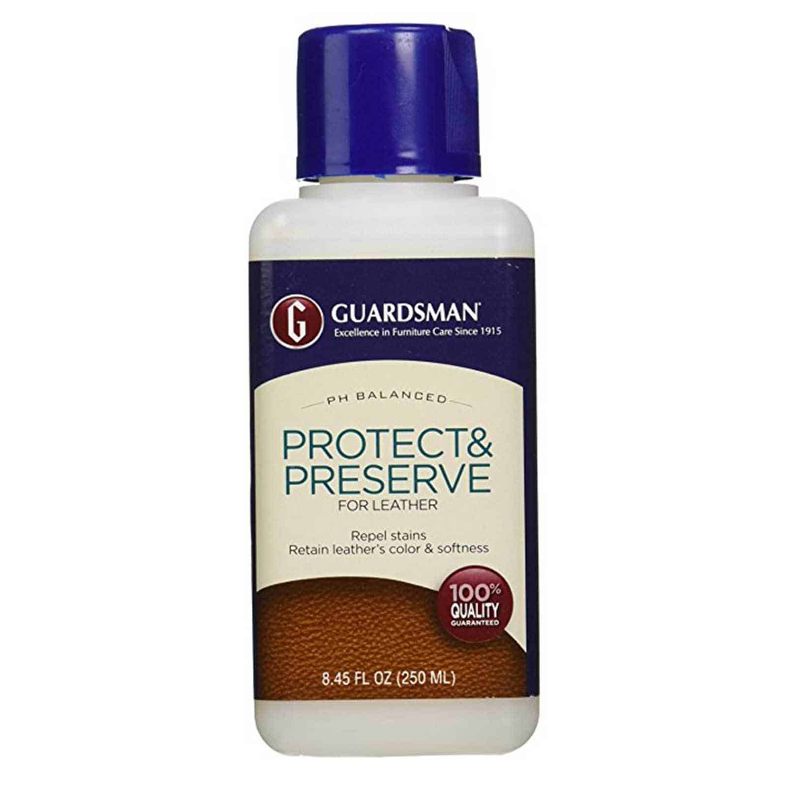 A blue bottle that protects & preserves leather by the brand Guardsman