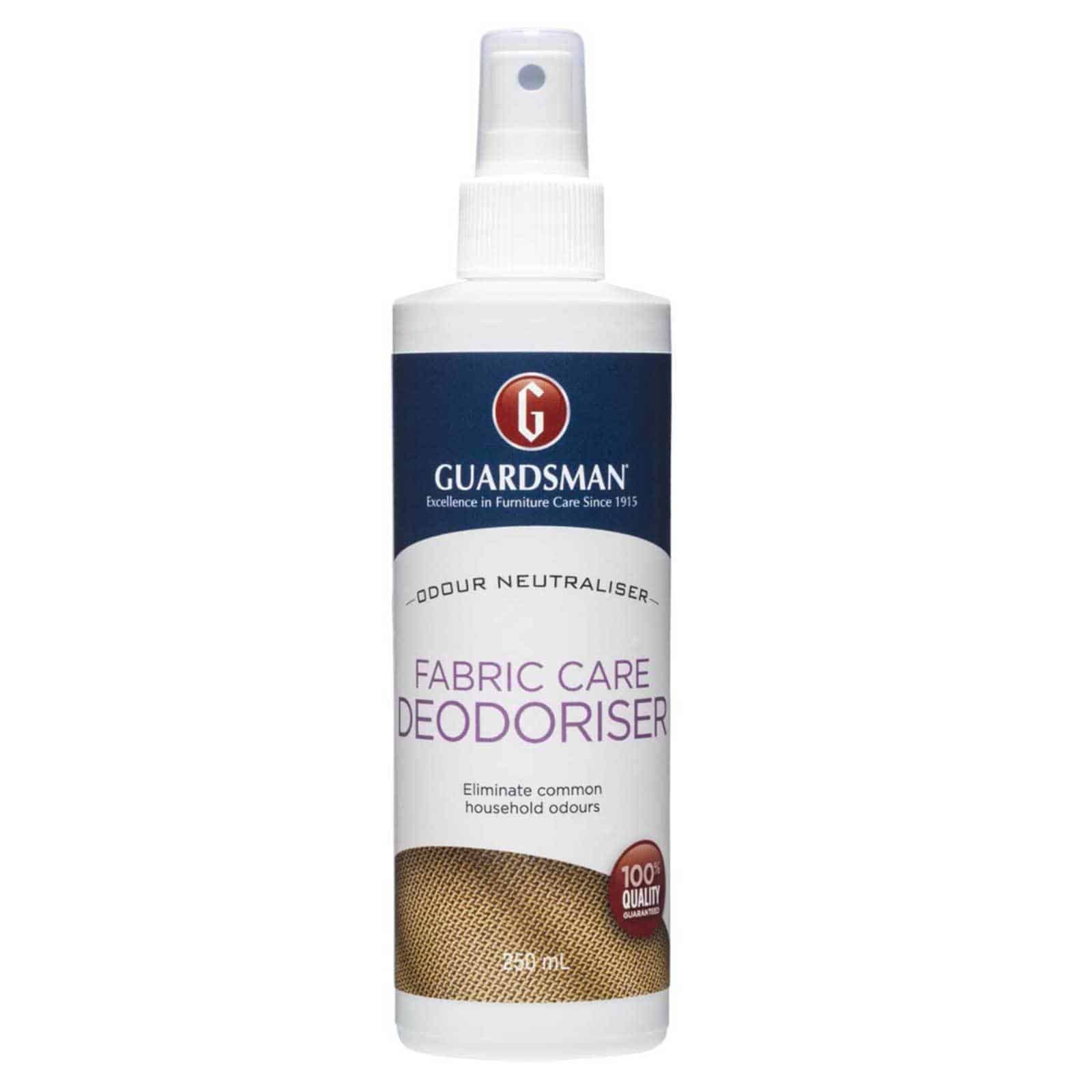 A white and blue colour bottle which is a Fabric Care Deodoriser by Guardsman