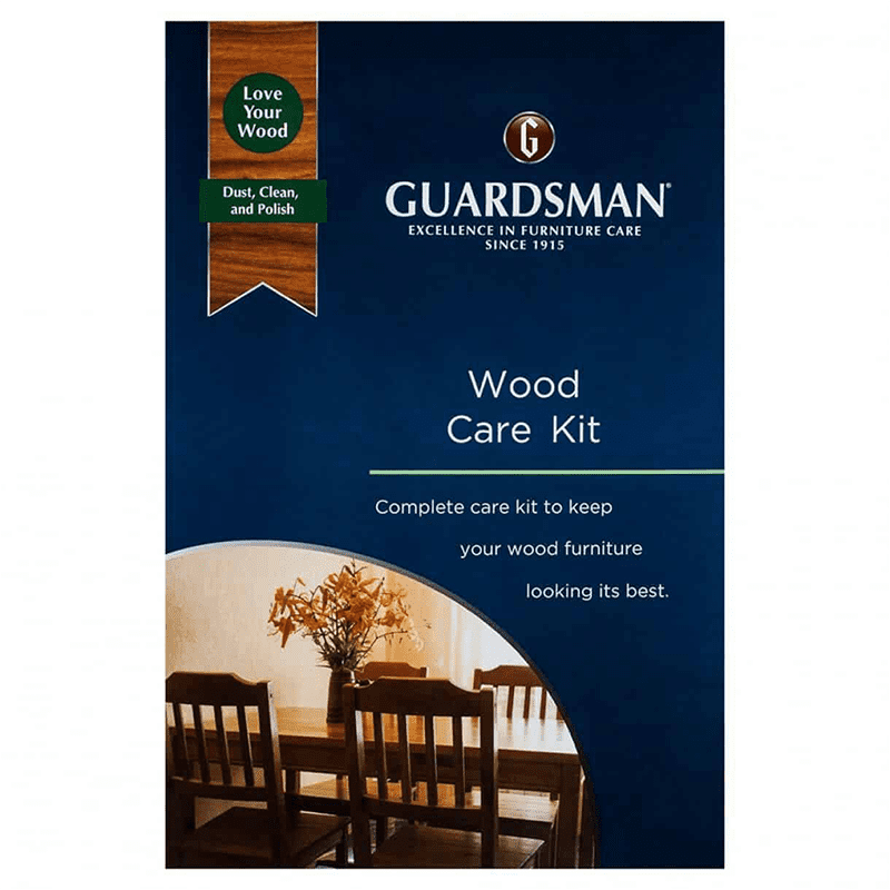 A blue box with three products to clean your wooden furniture by Guardsman